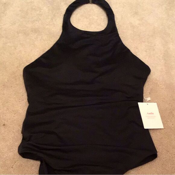 Andie The Luzon One Piece Eco Halter Neck Open Back Swimsuit Black NWT Size S - Picture 4 of 7